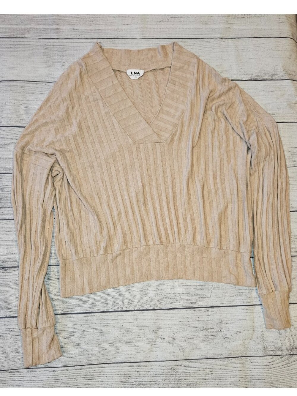 LNA Tan Ribbed V Neck Long Sleeve Cropped Lightweight Knit Sweater Top Size M